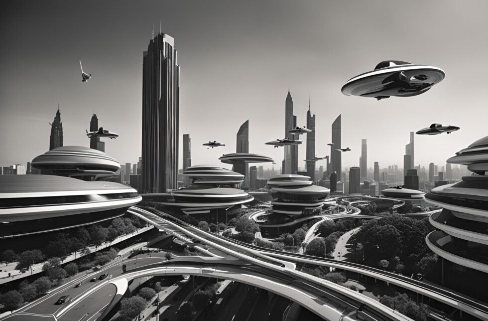 Futuristic city with flying cars